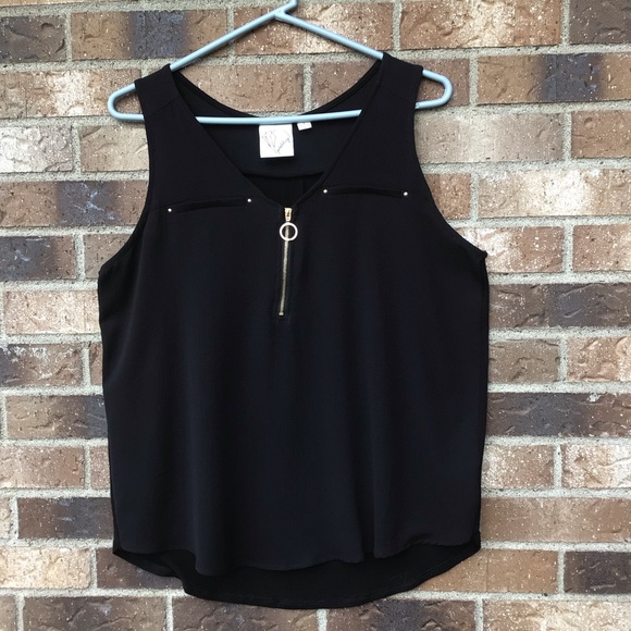 Sleeveless flowing Black top with front zipper, Sz.L - Picture 1 of 3